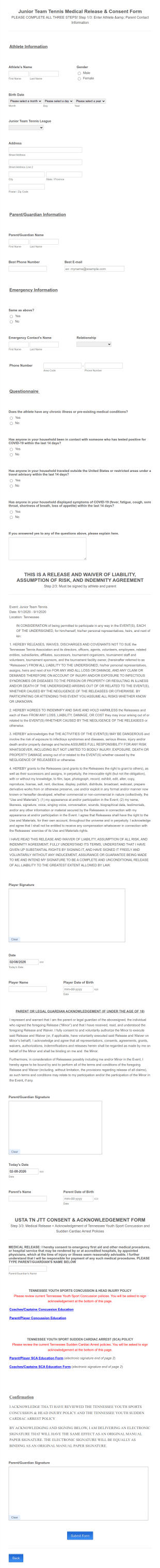 Junior Team Tennis Medical Release And Consent Form Template