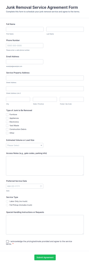 Junk Removal Service Agreement Form Template