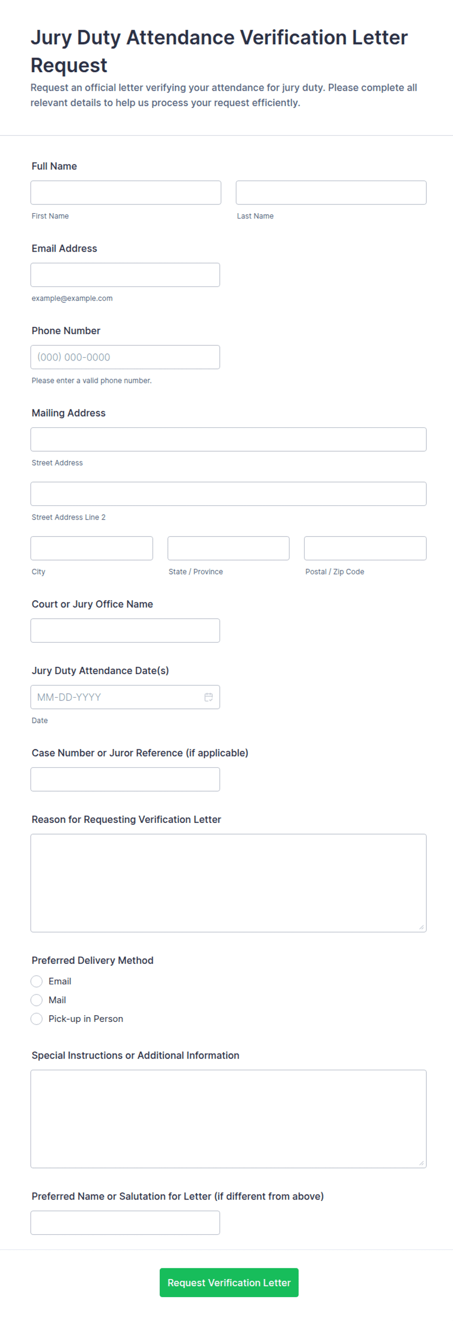 Jury Duty Attendance Verification Letter Request Form Template | Jotform