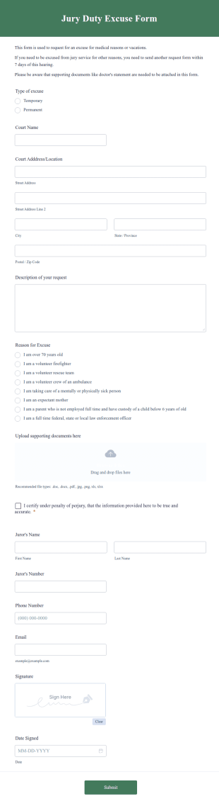 Jury Duty Excuse Form Template