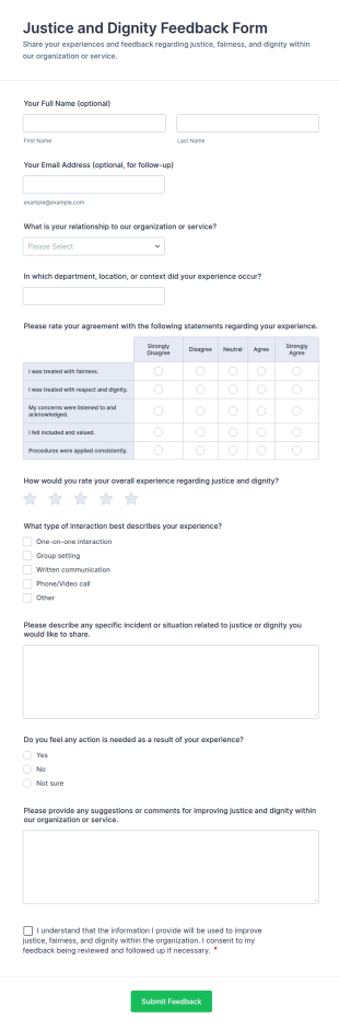 Justice And Dignity Feedback Form Template