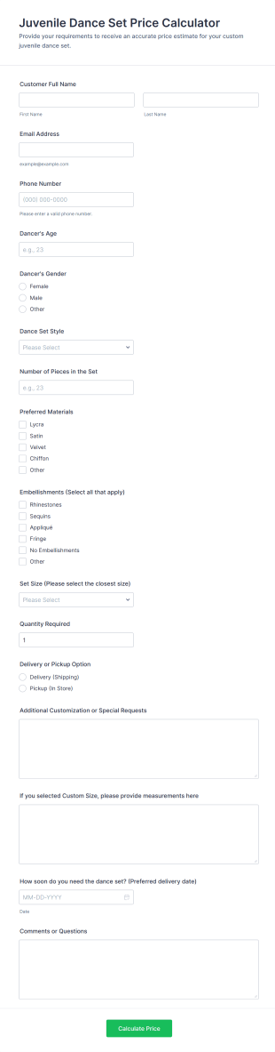 Juvenile Dance Set Price Calculator Form Template