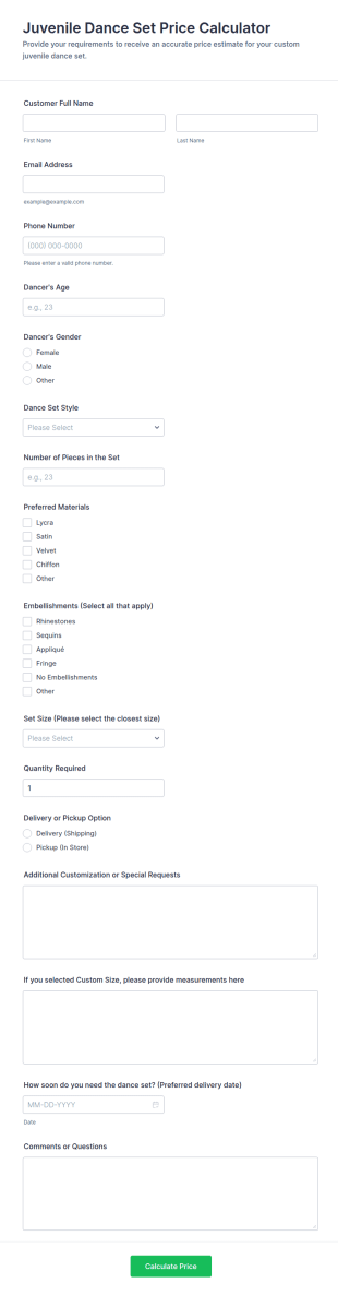 Juvenile Dance Set Price Calculator Form Template