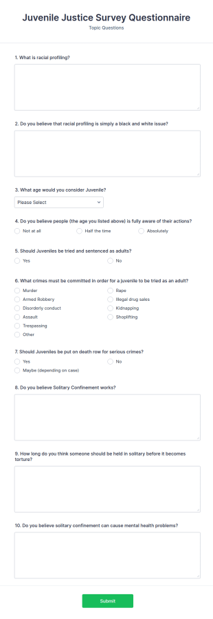 Juvenile Justice Survey Questionnaire Form Template