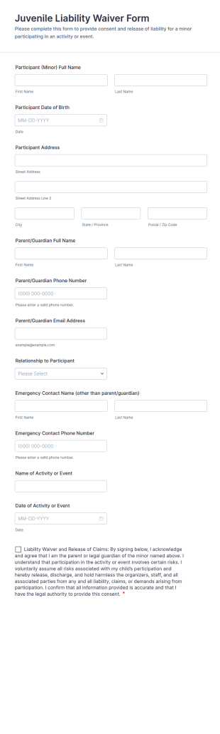 Juvenile Liability Waiver Form Template