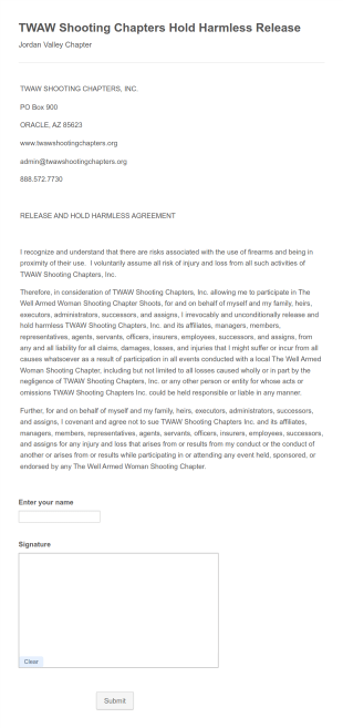 JV Hold Harmless Form Template