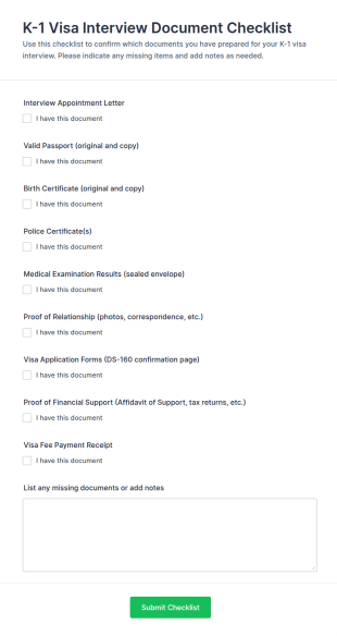 K 1 Visa Interview Document Checklist Form Template