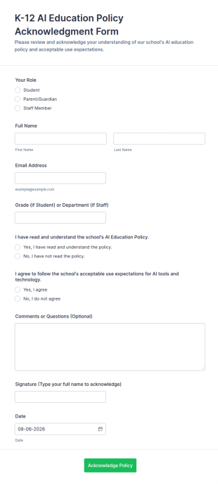 K 12 AI Education Policy Acknowledgment Form Template