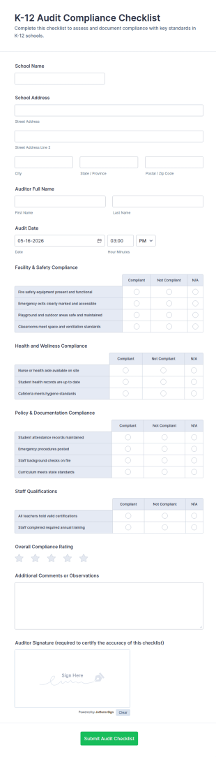 K 12 Audit Compliance Checklist Form Template