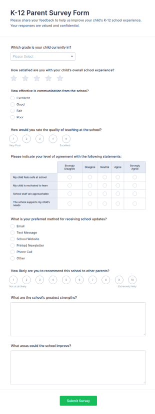 K 12 Parent Survey Form Template