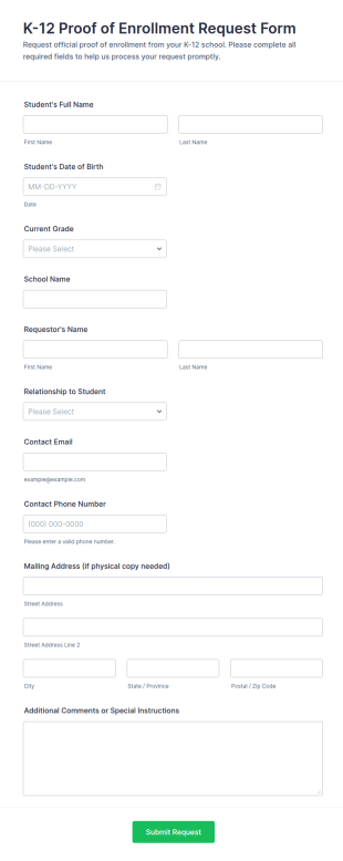 K 12 Proof Of Enrollment Request Form Template
