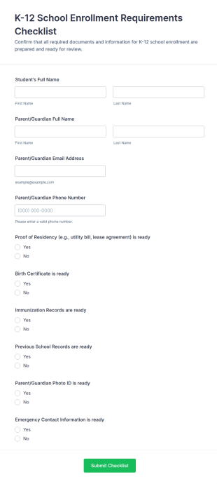 K 12 School Enrollment Requirements Checklist Form Template
