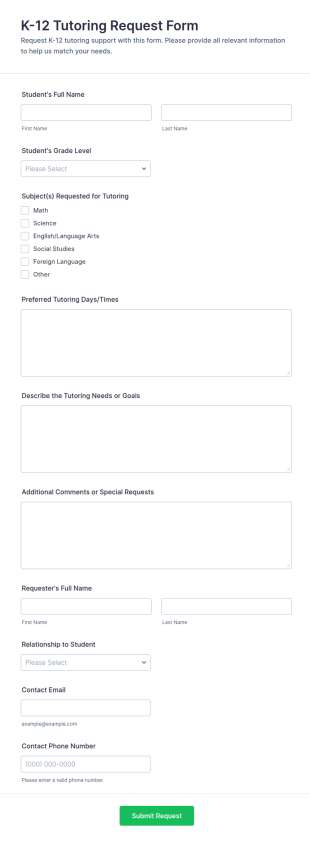 K 12 Tutoring Request Form Template