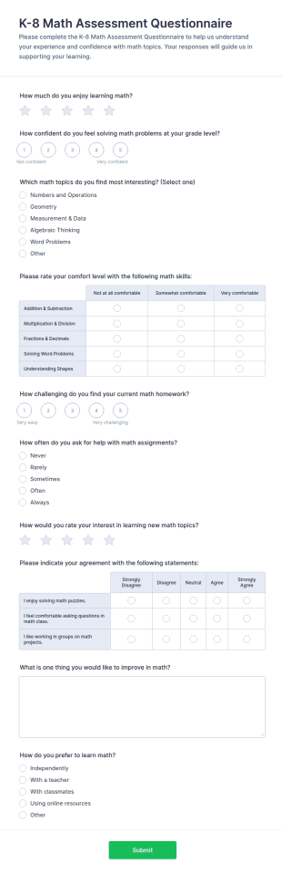 K 8 Math Assessment Questionnaire Form Template