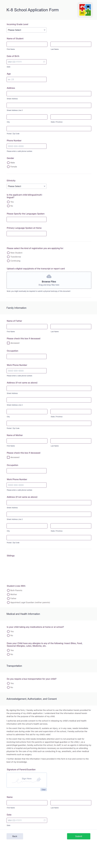 K 8 School Application Form Template