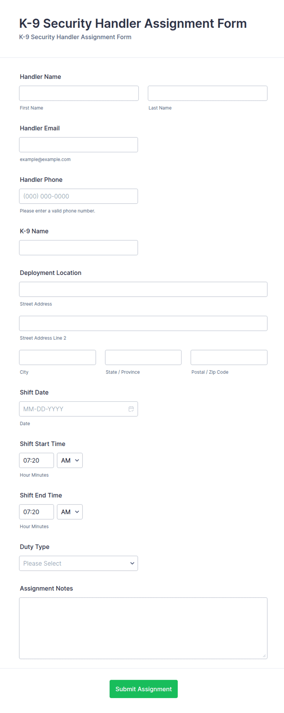 K-9 Security Handler Assignment Form Template | Jotform