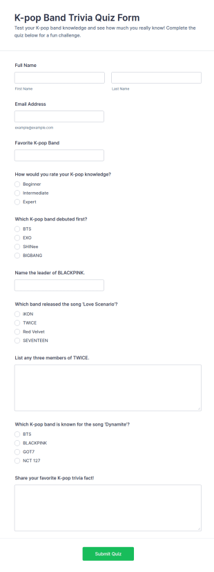 K Pop Band Trivia Quiz Form Template