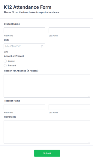 K12 Attendance Form Template