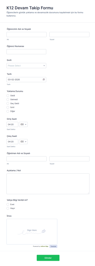 K12 Devam Takip Form Şablonu