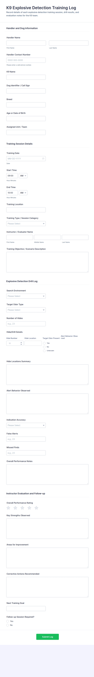 K9 Explosive Detection Training Log Form Template