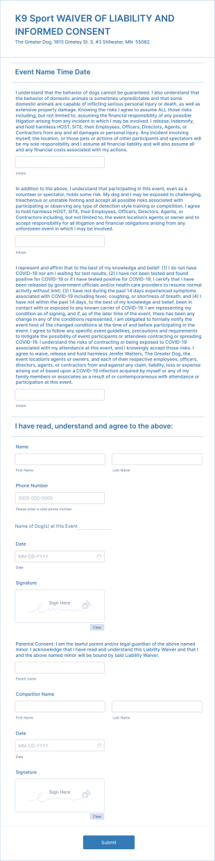 K9 Sport Liability Waiver And Release Form Template