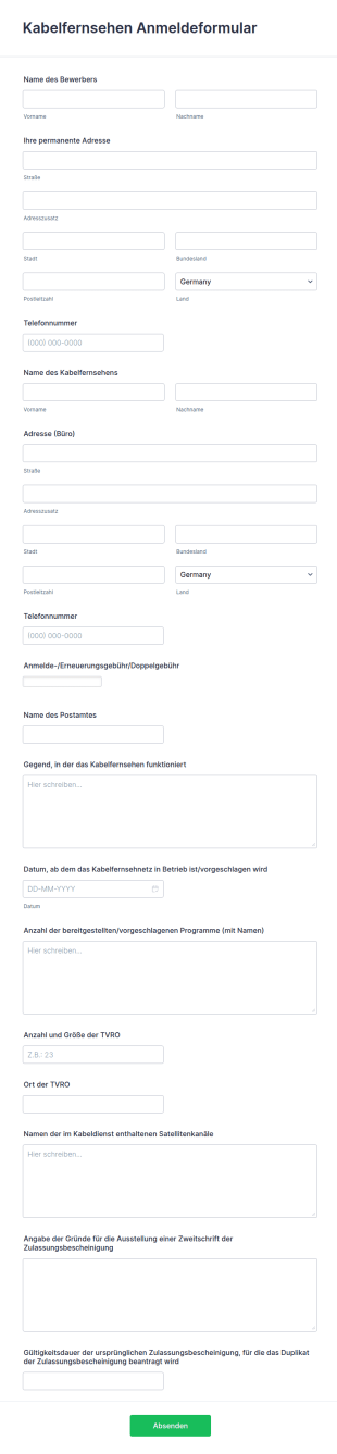 Kabelfernsehen Anmeldeformular