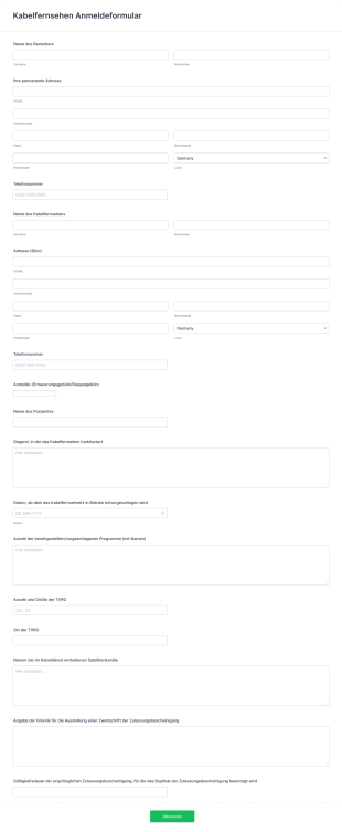 Kabelfernsehen Anmeldeformular Form Template