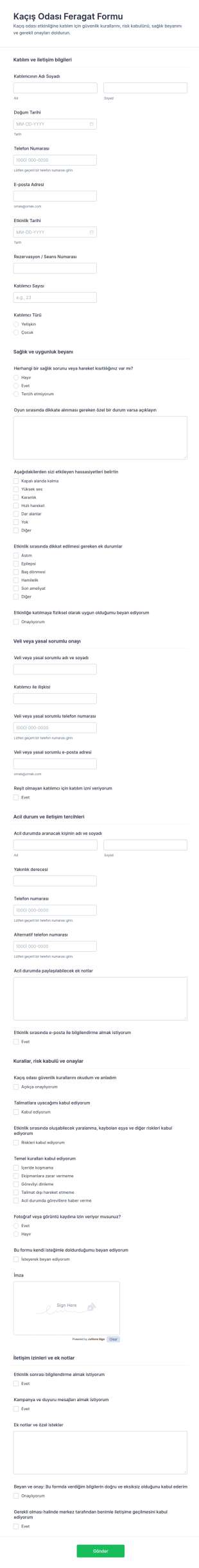 Kaçış Odası Feragatname Form Şablonu