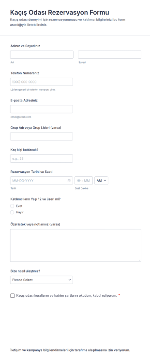 Kaçış Odası Rezervasyon Form Şablonu