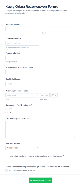 Kaçış Odası Rezervasyon Form Şablonu