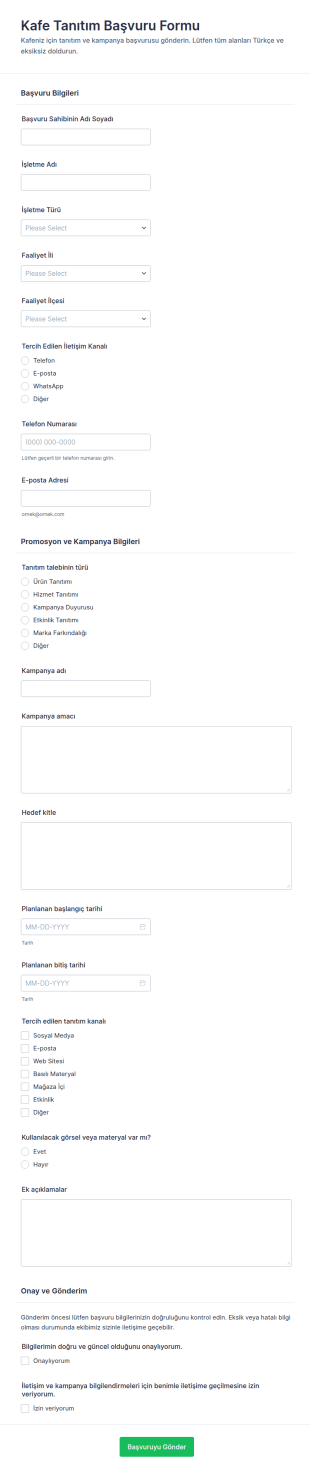 Kafe Tanıtım Başvuru Form Şablonu