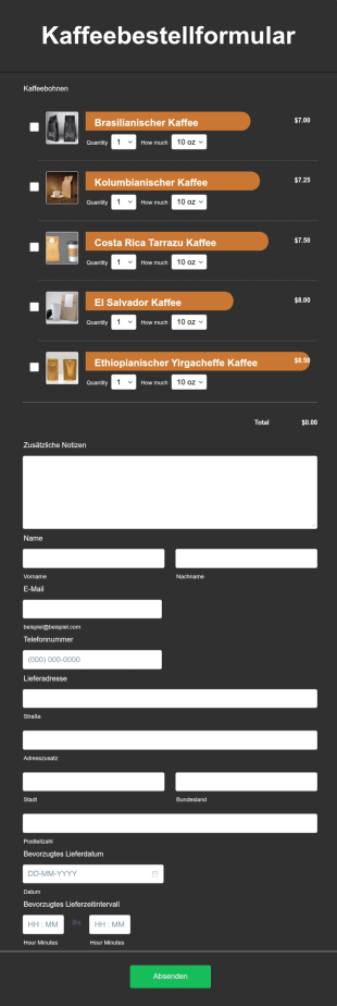 Kaffeebestellformular