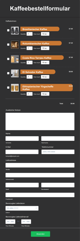 Kaffeebestellformular