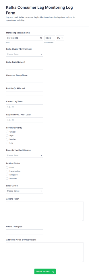 Kafka Consumer Lag Monitoring Log Form Template