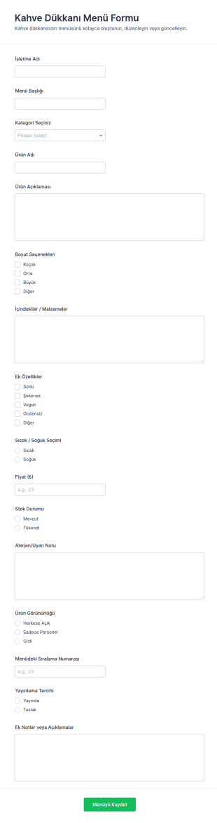 Kahve Dükkanı Menü Form Şablonu