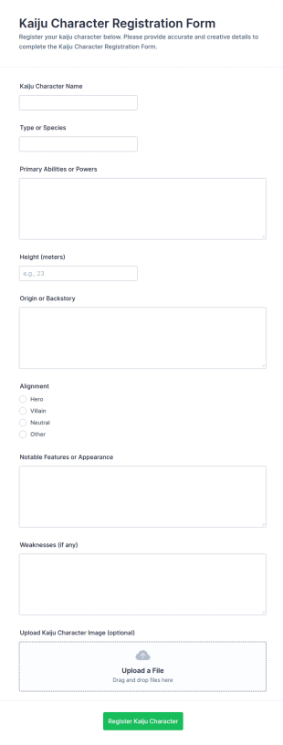 Kaiju Character Registration Form Template