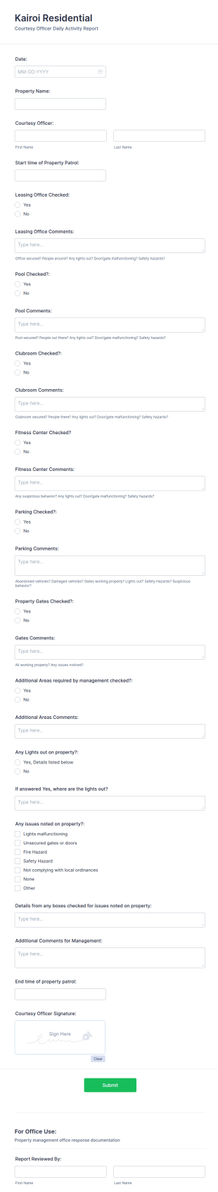 Residential Security Patrol Activity Report Form Template
