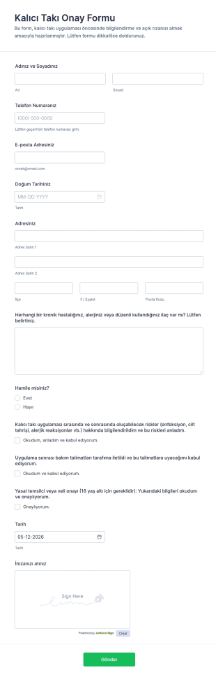Kalıcı Takı Onay Form Şablonu