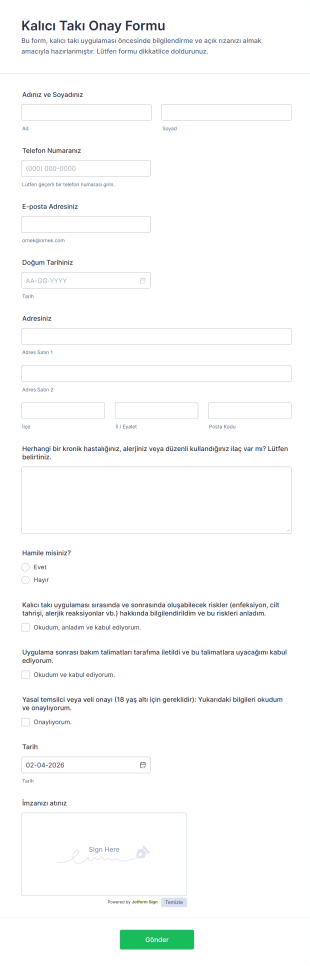 Kalıcı Takı Onay Form Şablonu