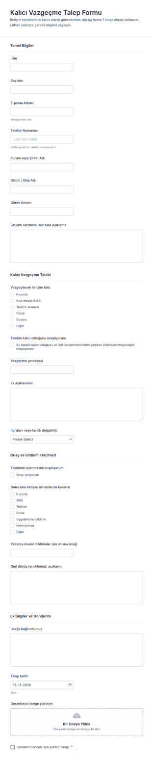 Sürekli Vazgeçme Beyanı Form Şablonu