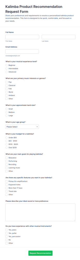 Kalimba Product Recommendation Request Form Template