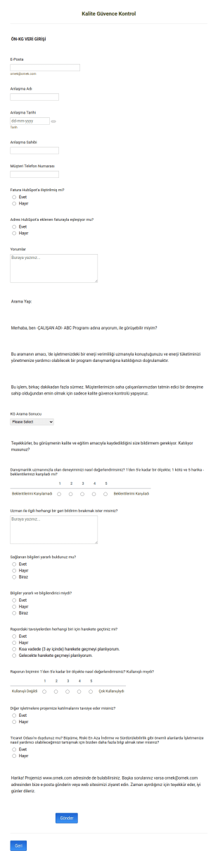 Kalite Güvence Kontrol Form Şablonu