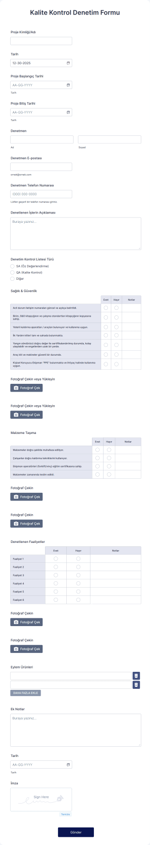 Kalite Kontrol Denetim Form Şablonu
