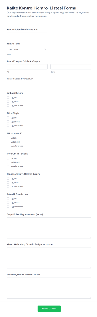 Kalite Kontrol Kontrol Listesi Form Şablonu