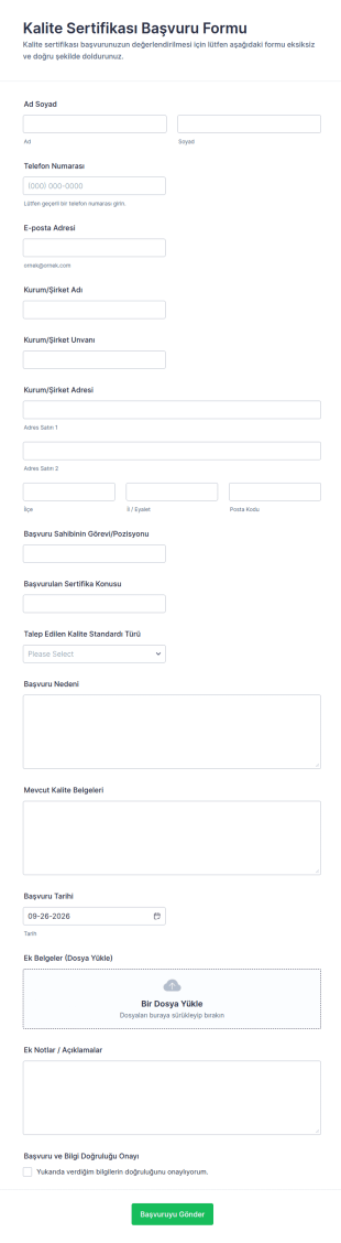 Kalite Sertifikası Teslim Form Şablonu