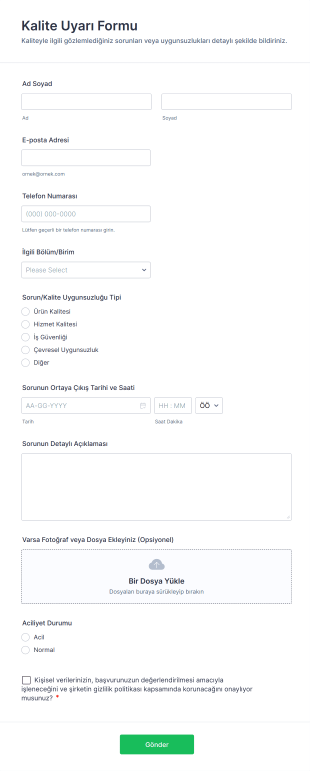 Kalite Uyarı Form Template