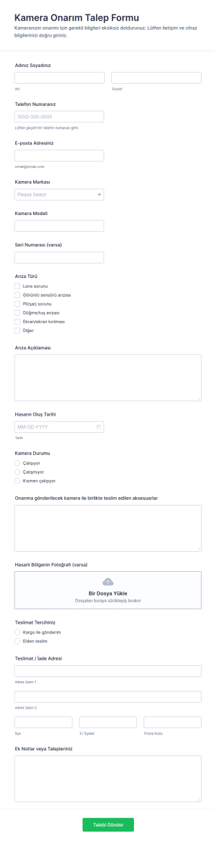 Kamera Tamiri Talep Form Şablonu