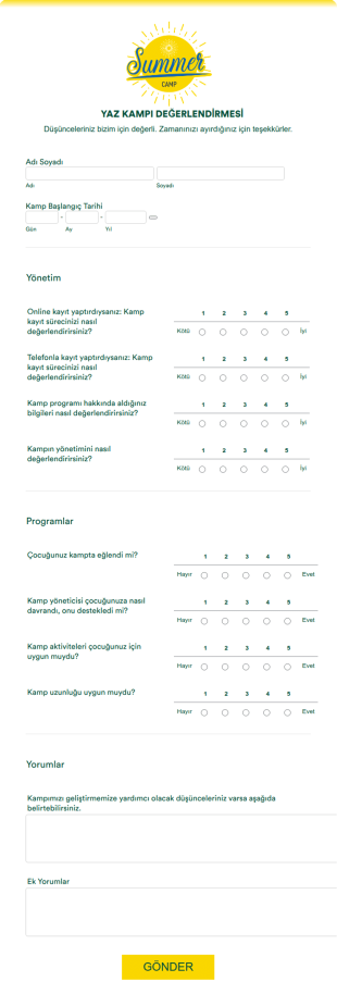 Kamp Değerlendirme Form Şablonu