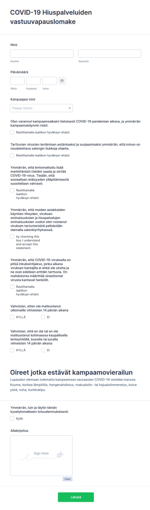 Kampaamon COVID 19 Vastuuvapauslomake