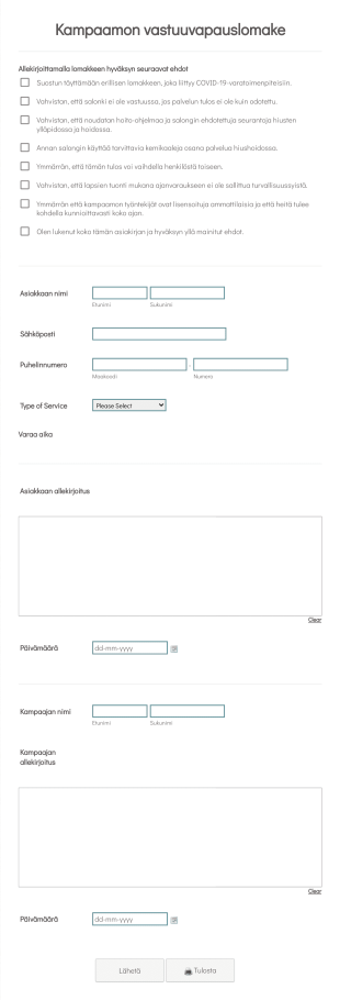 Kampaamon Vastuuvapauslomake Form Template